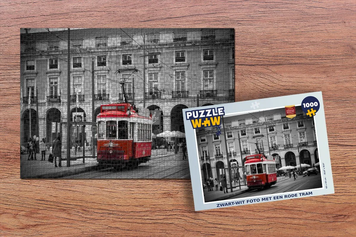 PuzzleWow Legpuzzel 1000 Stuks - Zwart-wit met rode tram