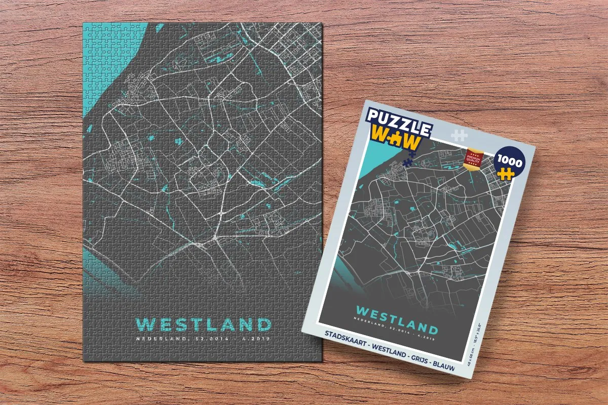 PuzzleWow Westland Stadskaart Puzzel 1000 Stuks - Grijs en Blauw