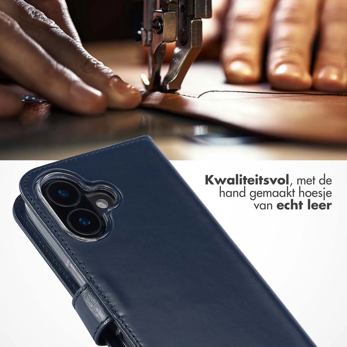 Selencia Hoesje iPhone 16 Bookcase - Echt Leder Blauw - 3 Pasjes