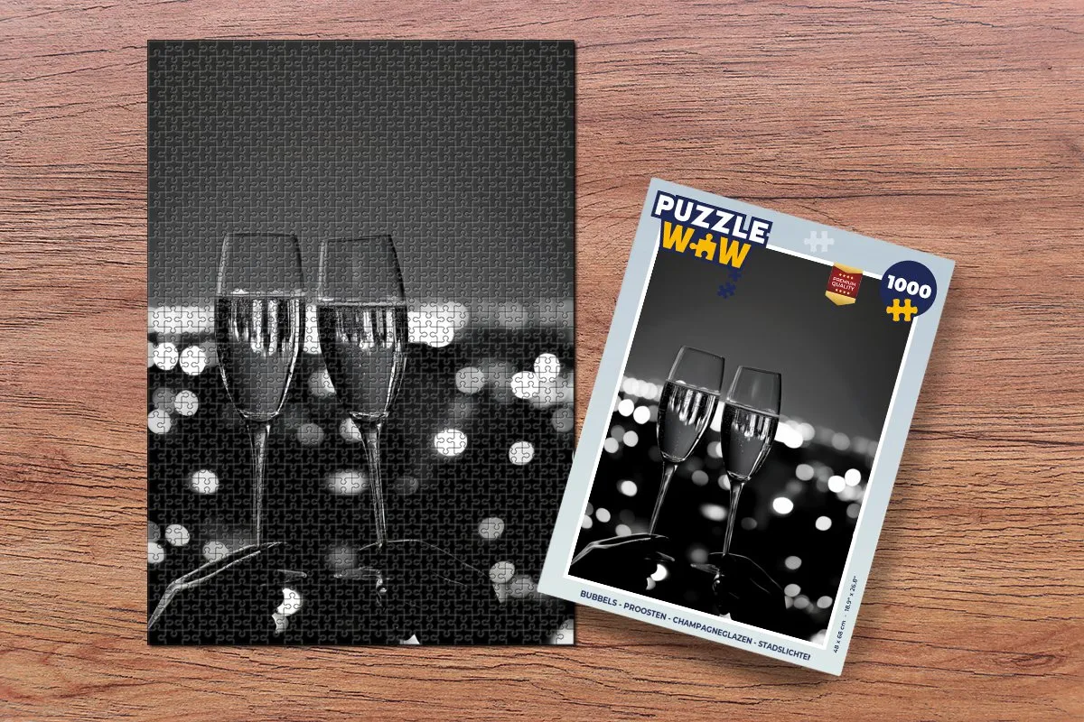 PuzzleWow Proosten Champagneglazen Legpuzzel 1000 Stuks - Proost/Zwart/Wit