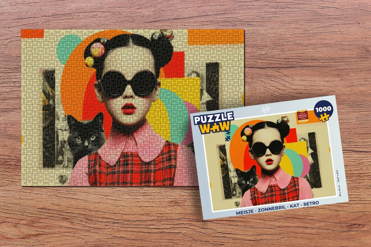 PuzzleWow Meisje Zonnebril Kat Retro Puzzel - 1000 Stukken