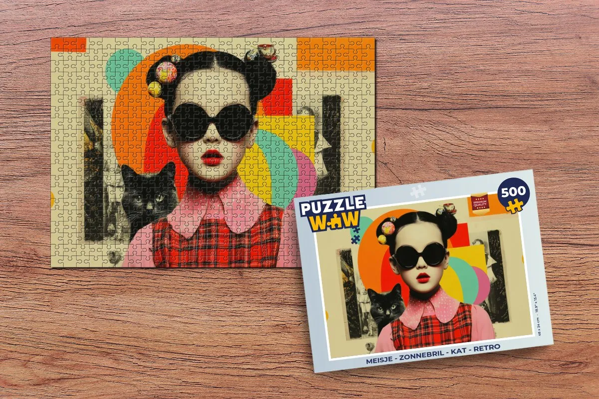 PuzzleWow Meisje Zonnebril Kat Retro Puzzel - 1000 Stukken