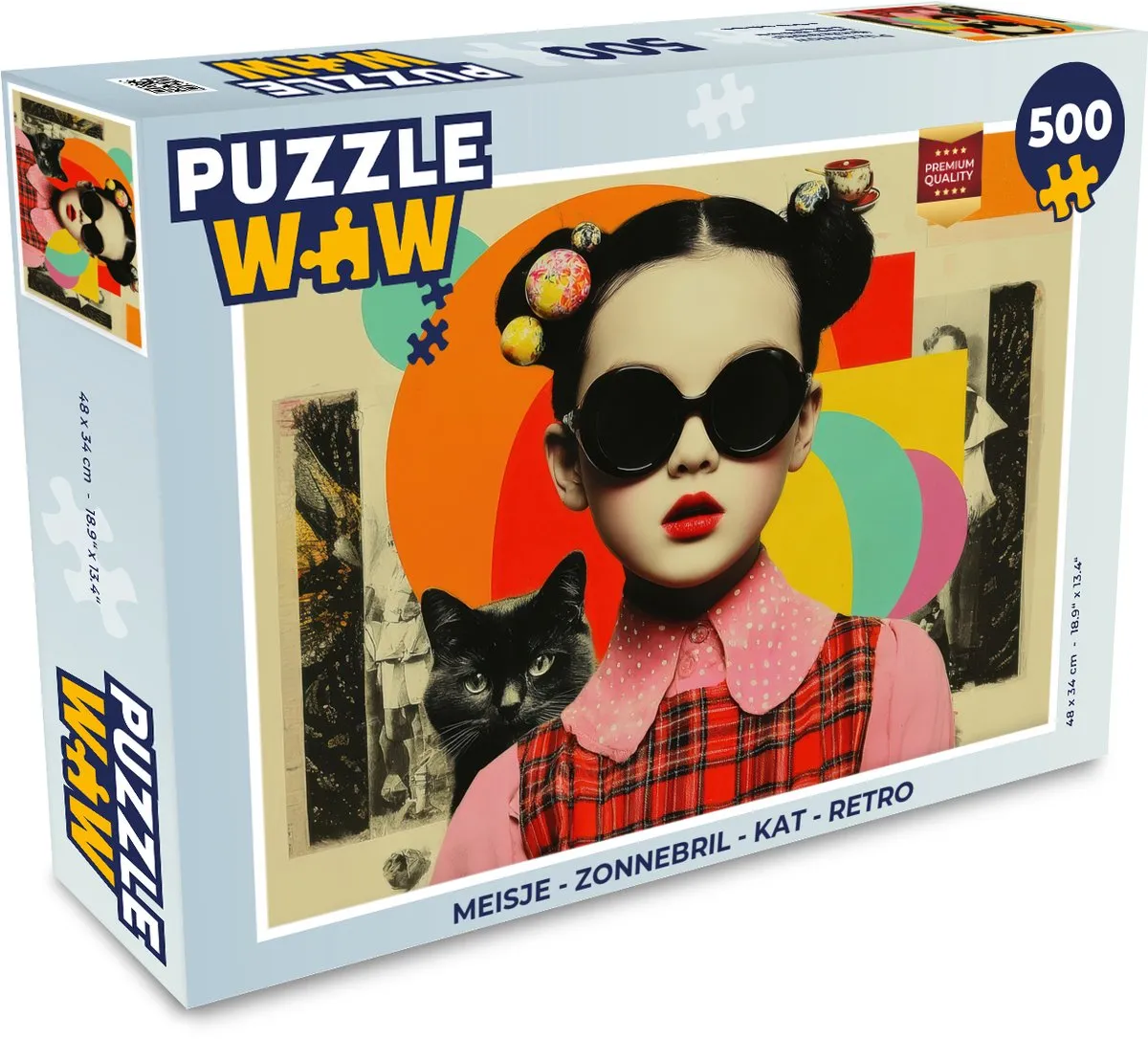 PuzzleWow Meisje Zonnebril Kat Retro Puzzel - 1000 Stukken