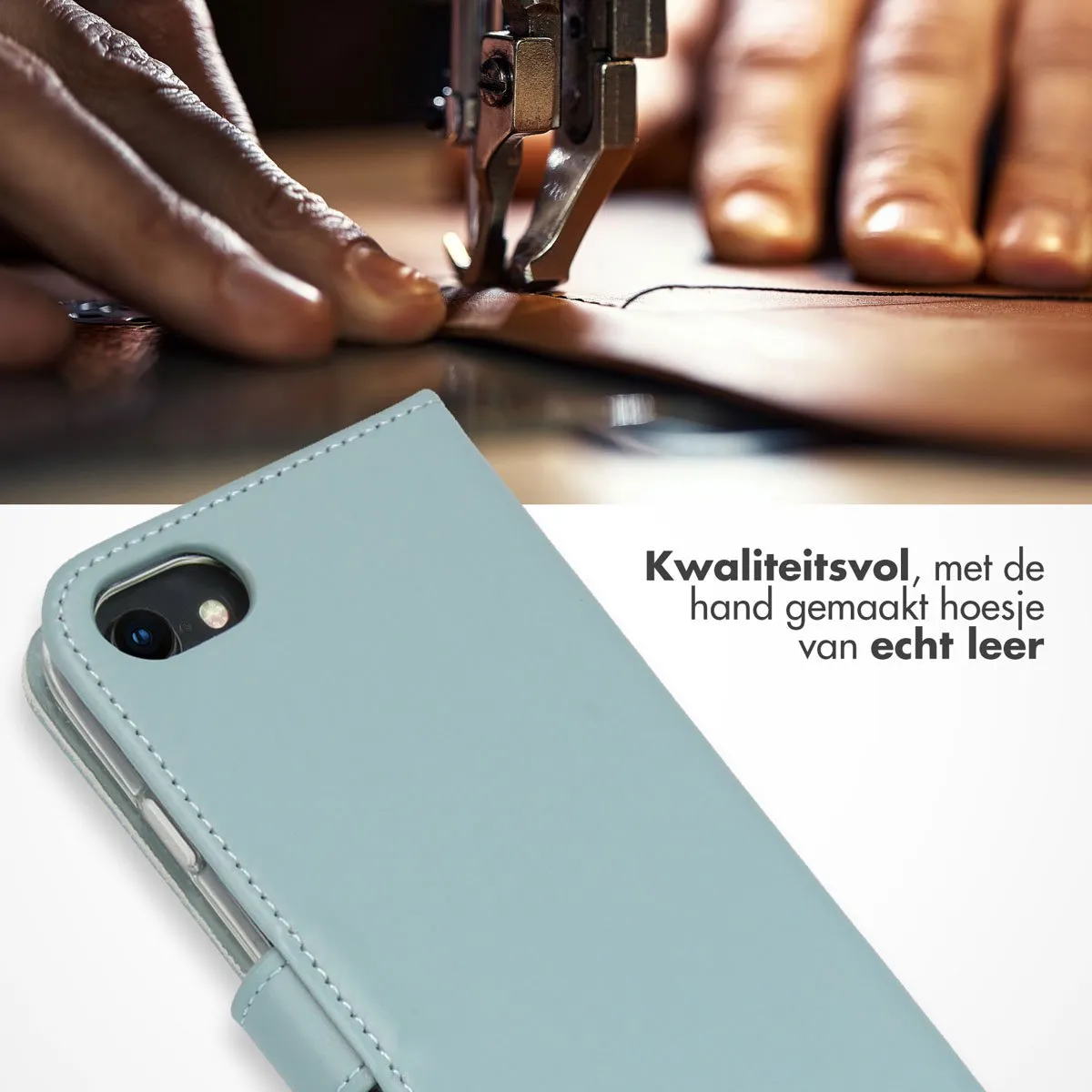 Selencia Hoesje iPhone SE/8/7/6s/6 - Echt Lederen Bookcase - Lichtblauw
