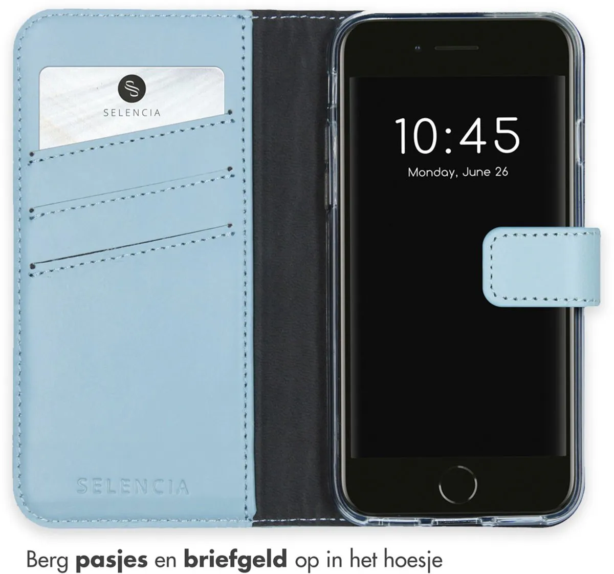 Selencia Hoesje iPhone SE/8/7/6s/6 - Echt Lederen Bookcase - Lichtblauw