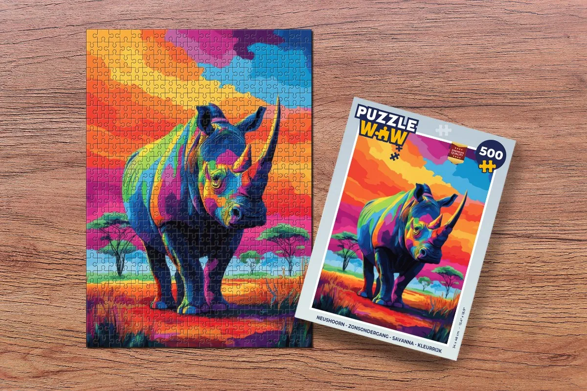 PuzzleWow Neushoorn Zonsondergang Savanna Legpuzzel 500 Stuks - Kleurrijk