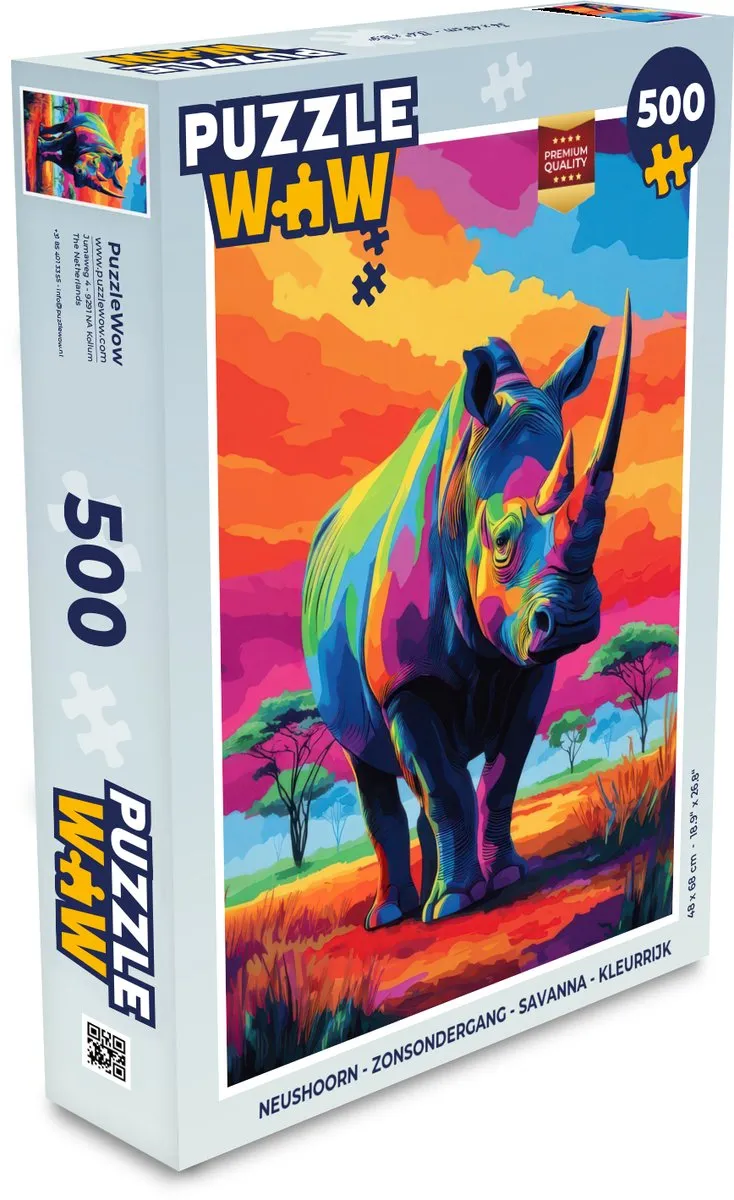 PuzzleWow Neushoorn Zonsondergang Savanna Legpuzzel 500 Stuks - Kleurrijk