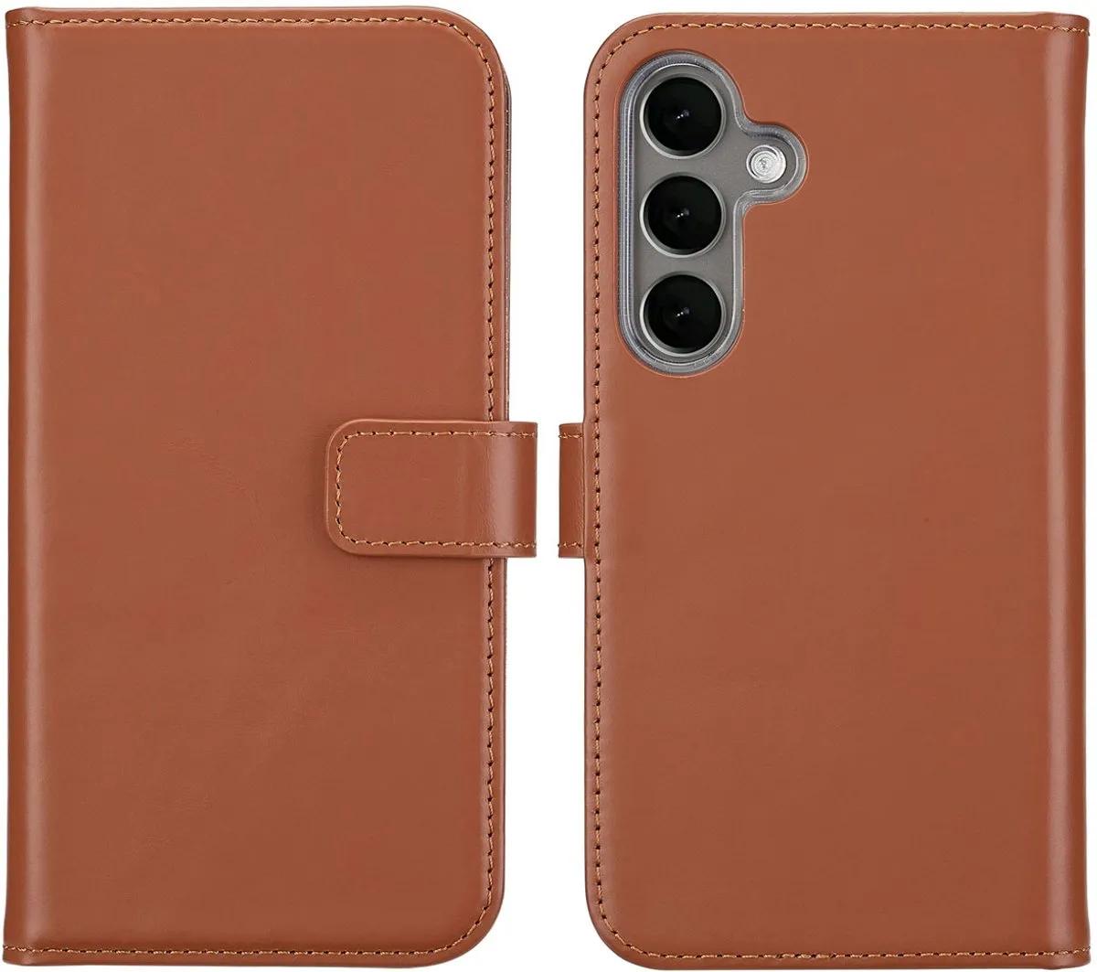 Selencia Hoesje Samsung Galaxy S25 - Echt Lederen Bookcase Lichtbruin