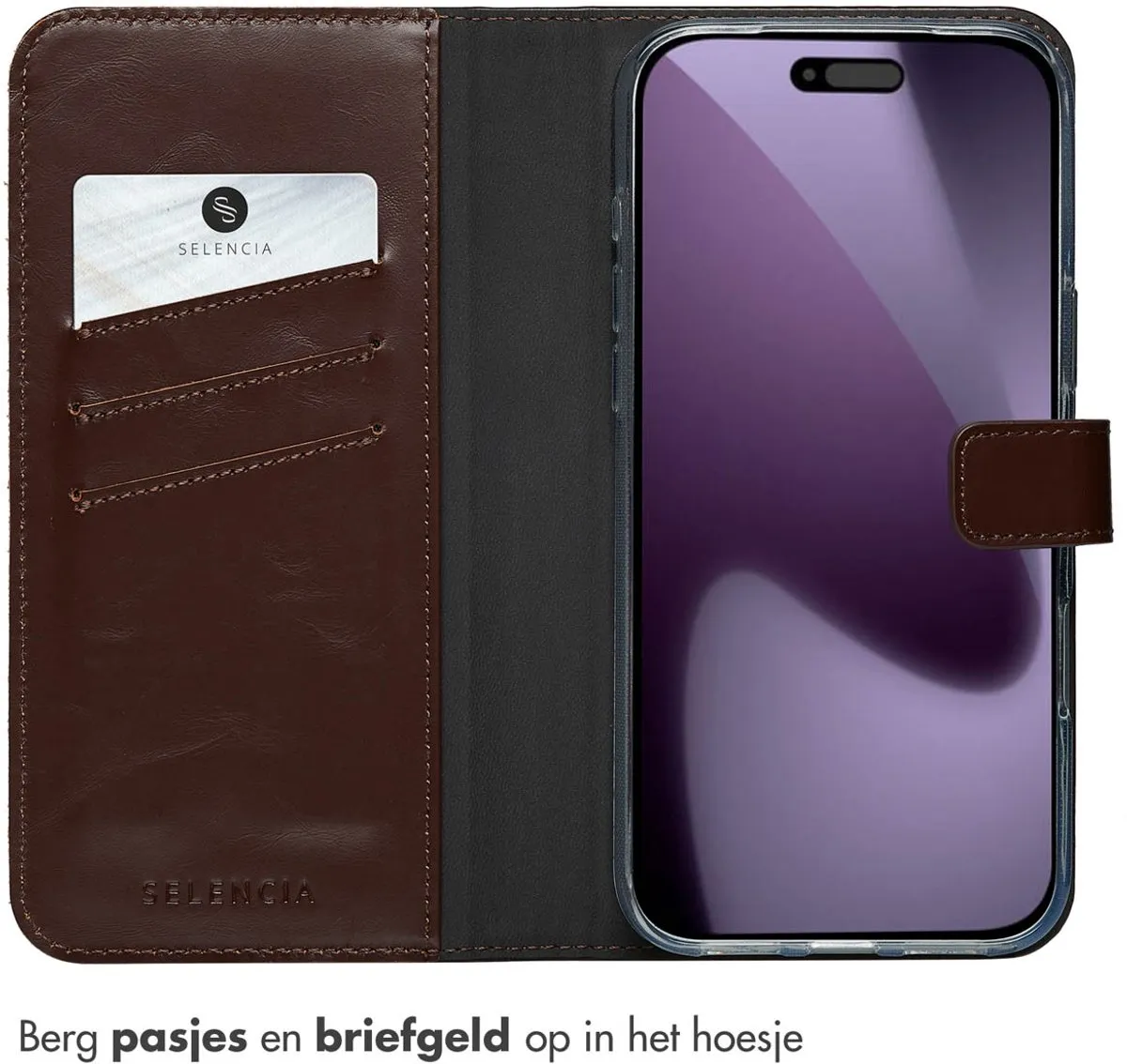 Selencia Hoesje iPhone 17 Pro Max - Echt Lederen Bookcase 3 Pasjes - Bruin