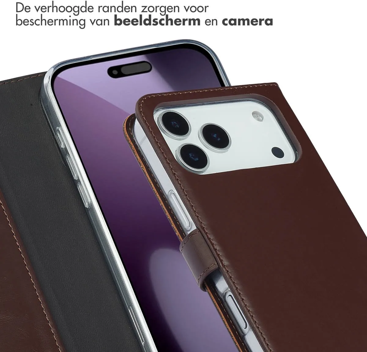 Selencia Hoesje iPhone 17 Pro Max - Echt Lederen Bookcase 3 Pasjes - Bruin