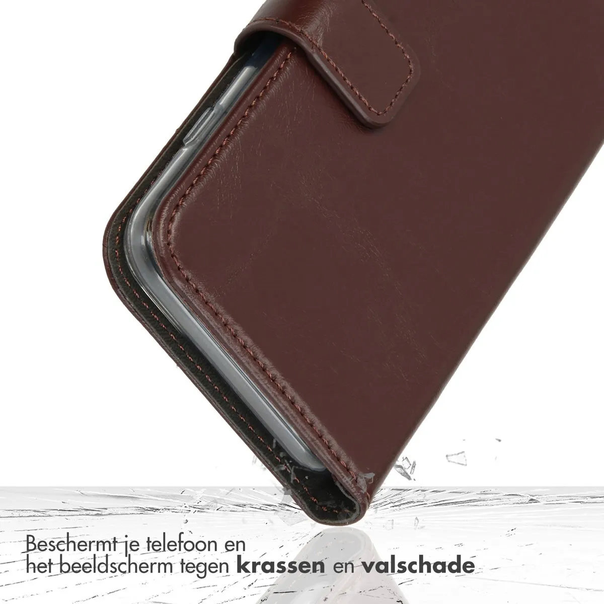 Selencia Hoesje iPhone 17 Pro Max - Echt Lederen Bookcase 3 Pasjes - Bruin