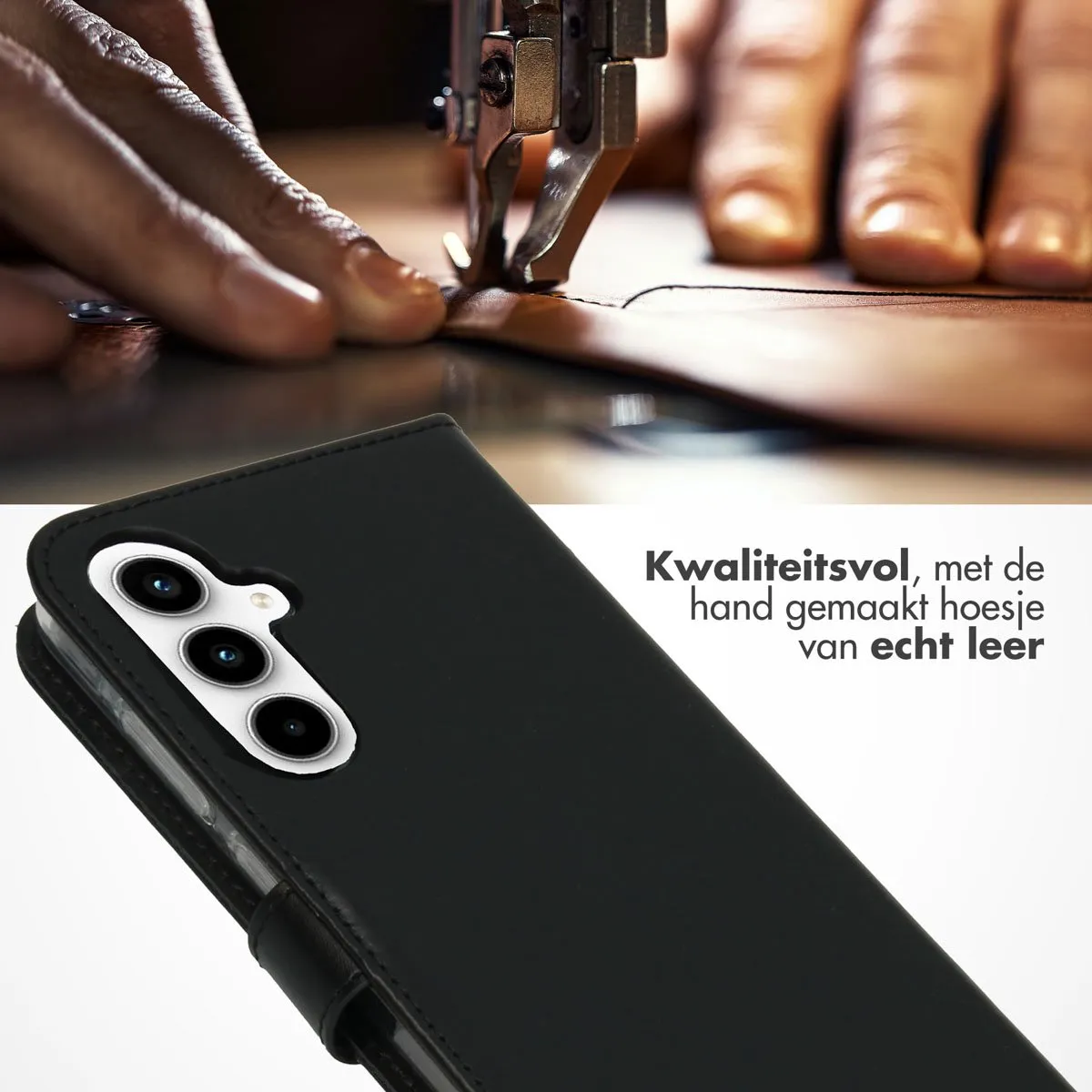 Selencia Hoesje Samsung Galaxy A35 - Echt Lederen Bookcase 3 Stuks - Zwart