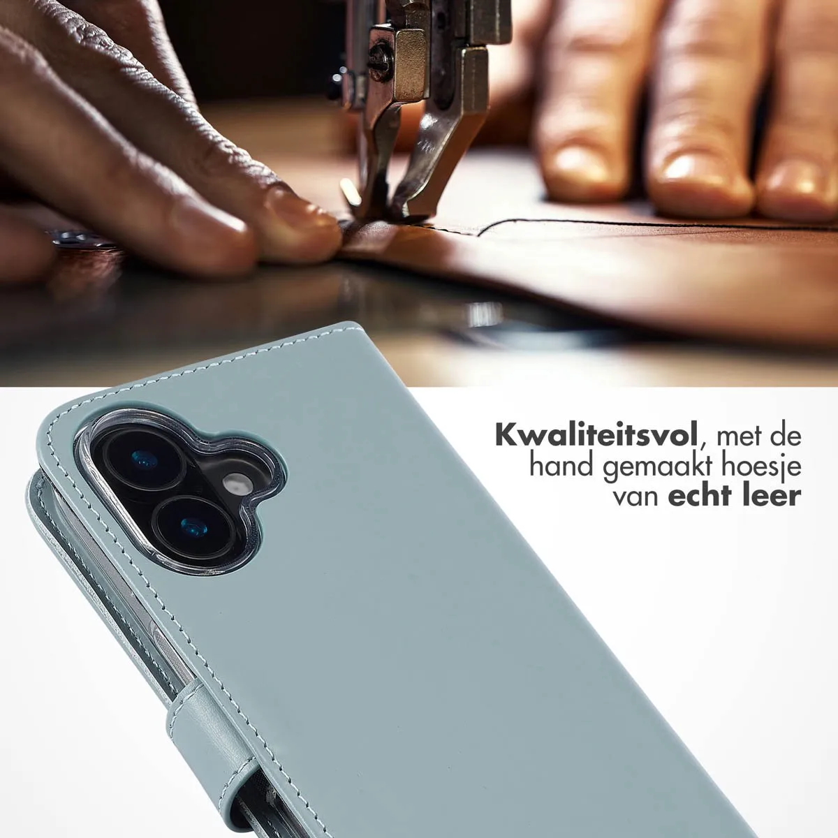 Selencia Hoesje iPhone 16 Echt Lederen Bookcase - Lichtblauw