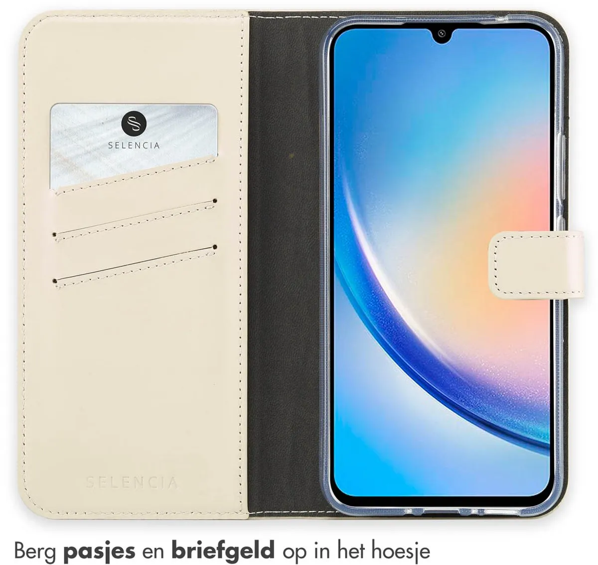 Selencia Hoesje Samsung Galaxy A34 5G - Echt Lederen Bookcase - Beige