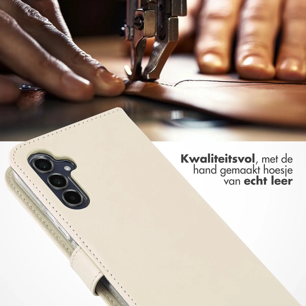 Selencia Hoesje Samsung Galaxy A34 5G - Echt Lederen Bookcase - Beige
