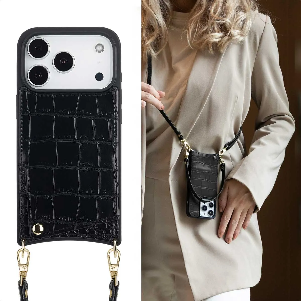 Selencia Hoesje iPhone 17 Pro Croco Zwart - 2 Pasjes