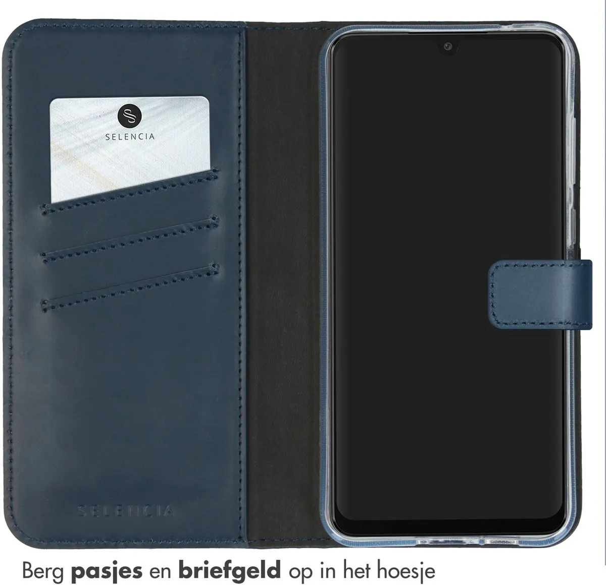 Selencia Hoesje Samsung Galaxy A55 - Echt Lederen Bookcase Donkerblauw