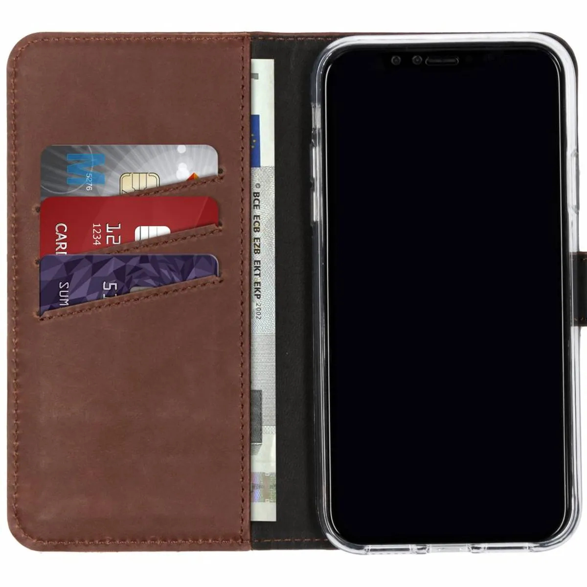 Selencia Hoesje iPhone XR Bookcase - Donkerbruin Leder - 3 Pasjes