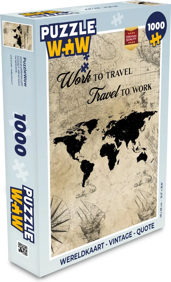 PuzzleWow Wereldkaart Vintage Quote Legpuzzel 1000 Stuks