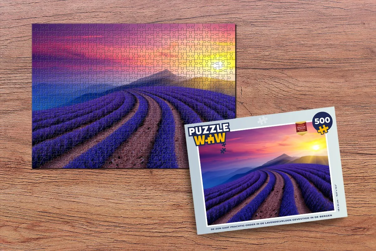 PuzzleWow Legpuzzel 500 Stuks - De Zon Gaat Onder in Lavendelvelden