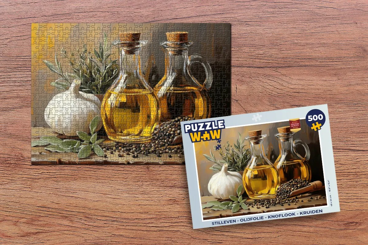 PuzzleWow Stilleven Legpuzzel 500 Stuks - Olijfolie/Knoflook/Kruiden