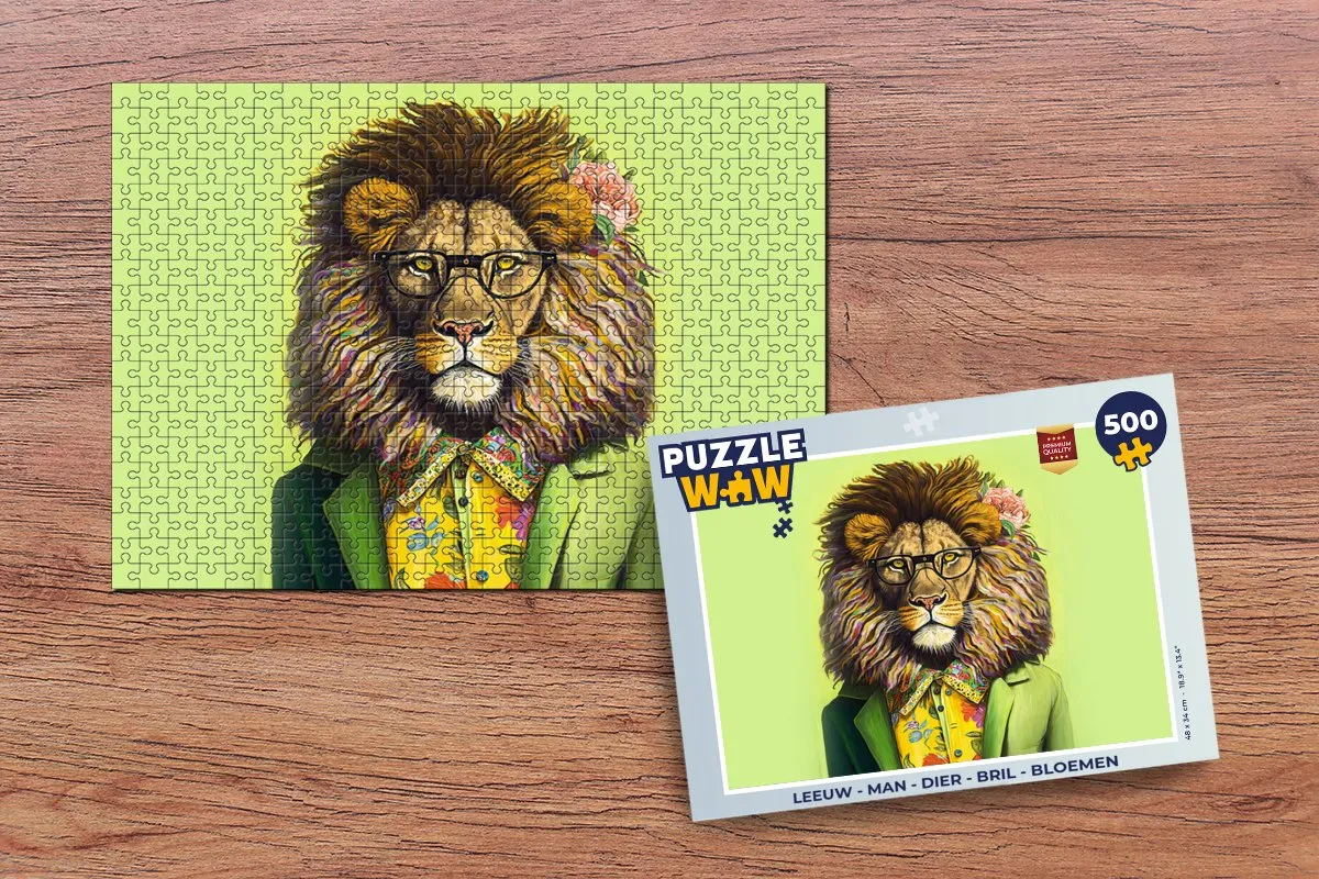 PuzzleWow Leeuw Man Dier Bril Bloemen Legpuzzel 500 Stuks - Multicolor