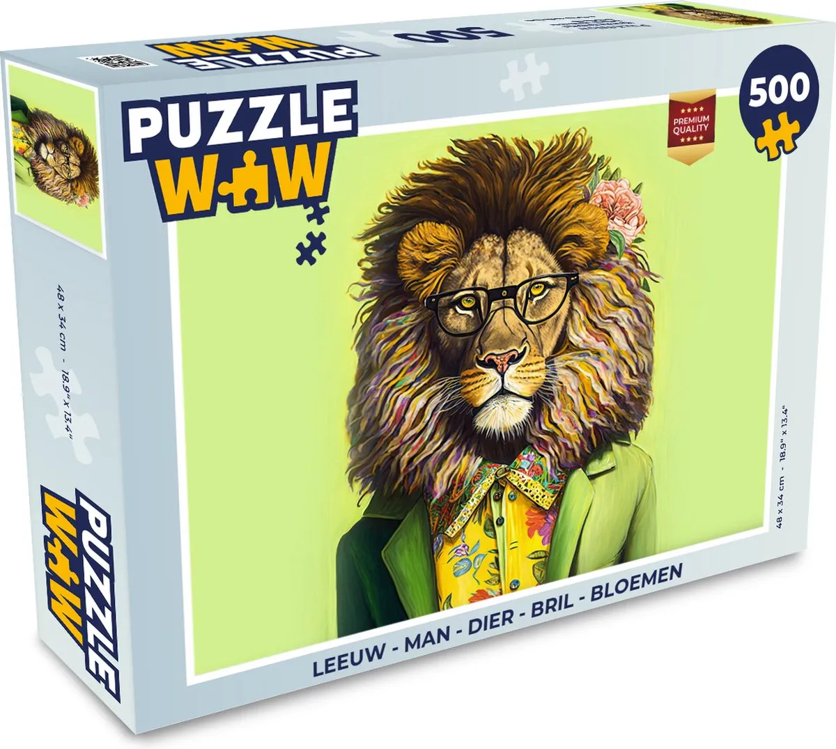 PuzzleWow Leeuw Man Dier Bril Bloemen Legpuzzel 500 Stuks - Multicolor