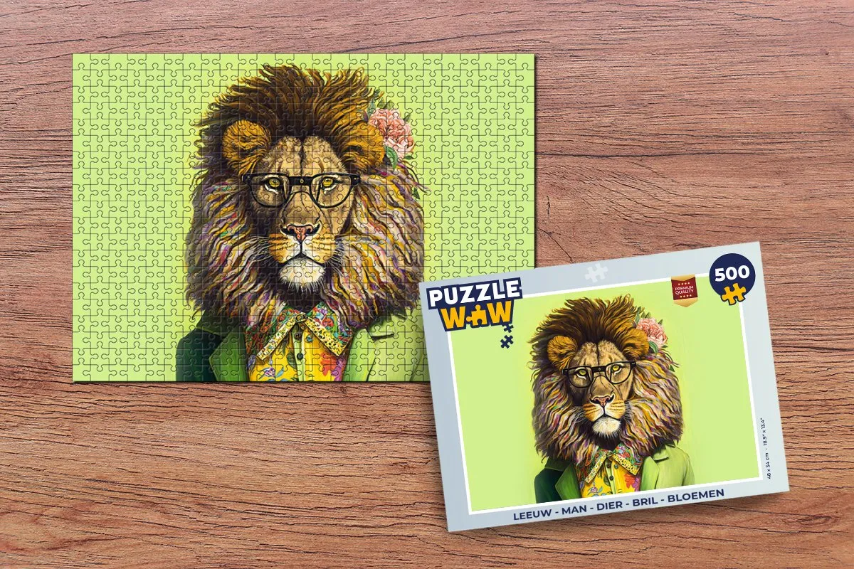PuzzleWow Leeuw Man Dier Bril Bloemen Legpuzzel 500 Stuks - Multicolor