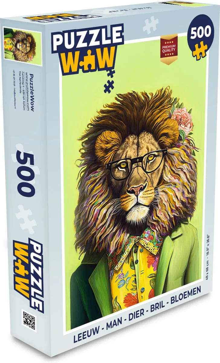 PuzzleWow Leeuw Man Dier Bril Bloemen Legpuzzel 500 Stuks - Multicolor