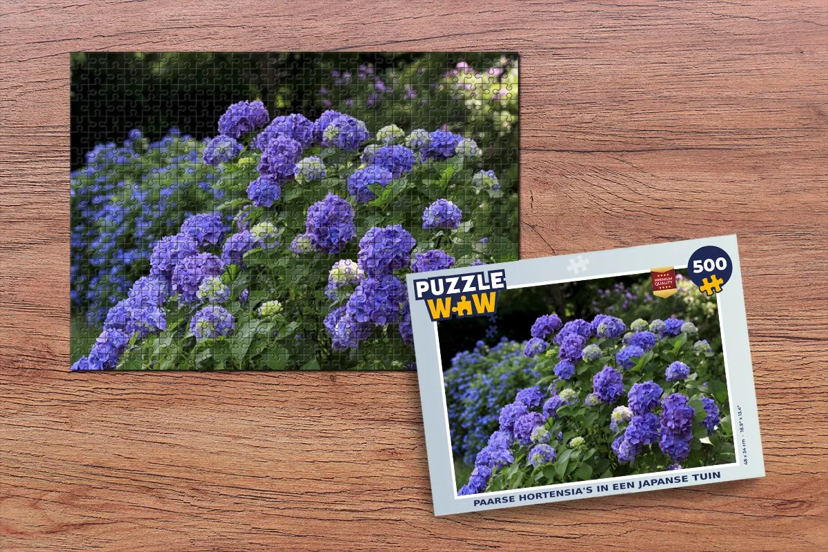 PuzzleWow Legpuzzel Paarse Hortensia's Japanse Tuin 500 Stuks