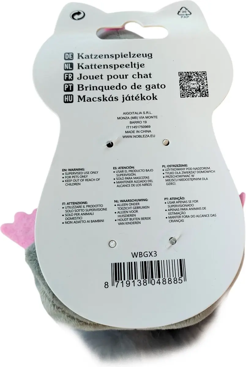 Nobleza Speelmuis Kat - Pluche Muis 18cm - Grijs/Roze