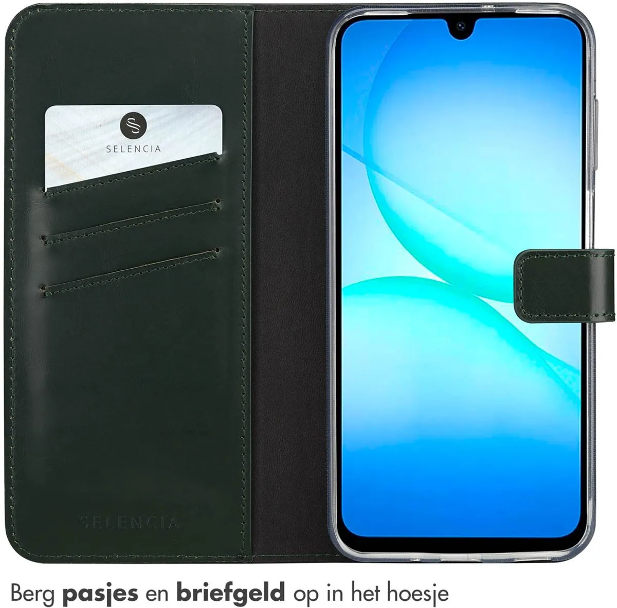 Selencia Hoesje Samsung Galaxy A17 - Groen Lederen Bookcase - 3 Pasjes