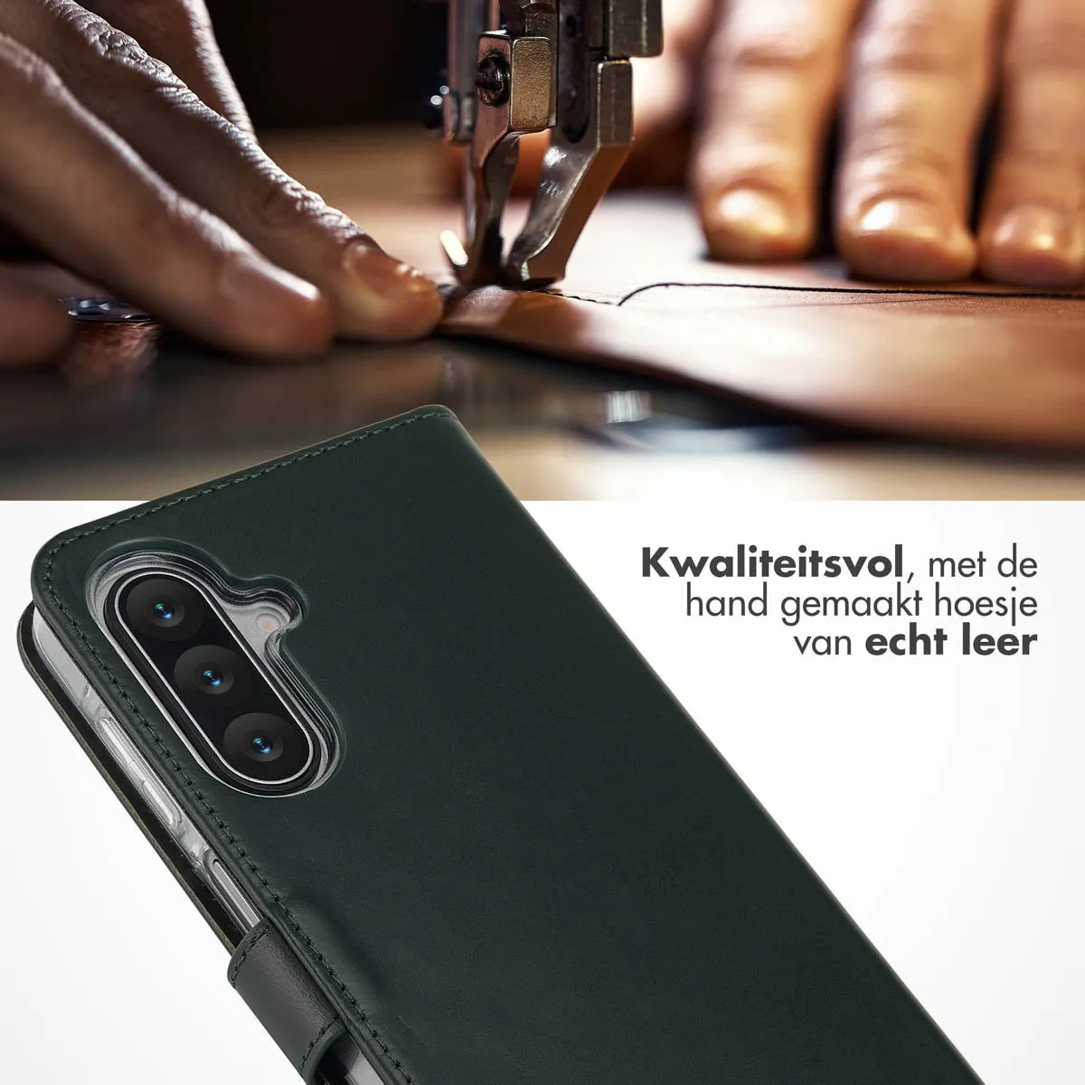 Selencia Hoesje Samsung Galaxy A17 - Groen Lederen Bookcase - 3 Pasjes