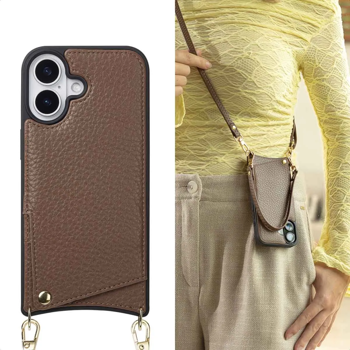Selencia Hoesje iPhone 17 - Backcover met koord - 2 Pasjes - Mocha Brown