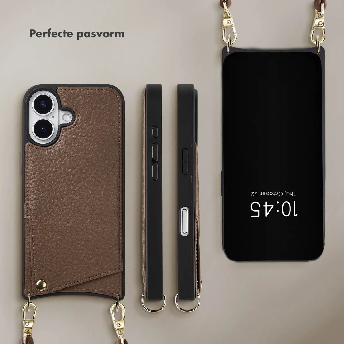 Selencia Hoesje iPhone 17 - Backcover met koord - 2 Pasjes - Mocha Brown
