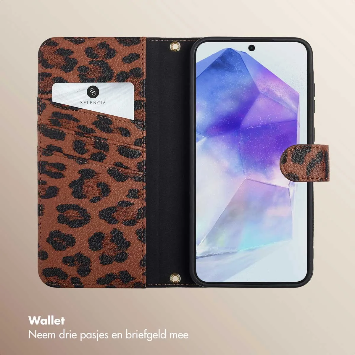 Selencia Hoesje Samsung Galaxy A55 - Sabi Bookcase Panterprint - Bruin