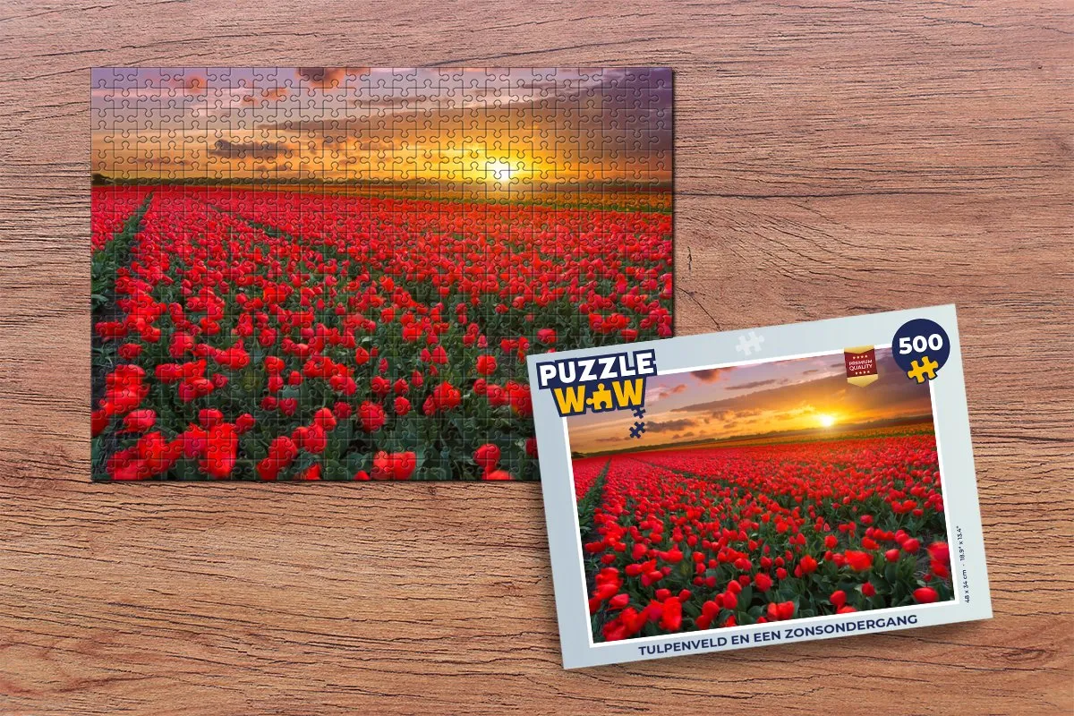 PuzzleWow Legpuzzel Tulpenveld en een zonsondergang 500 Stuks - Multicolor