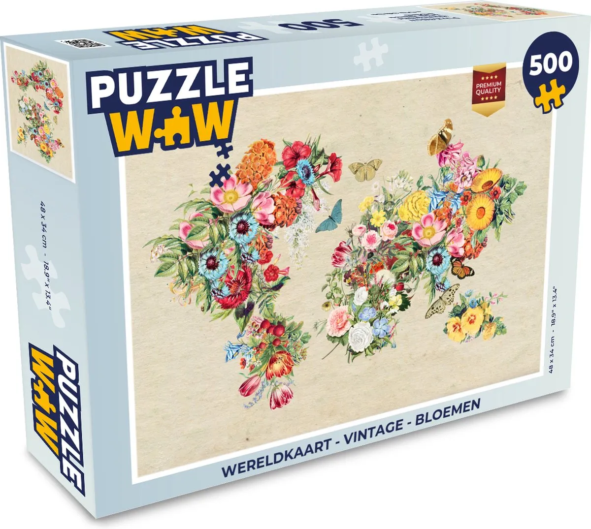 PuzzleWow Wereldkaart Vintage Bloemen Legpuzzel 500 Stuks