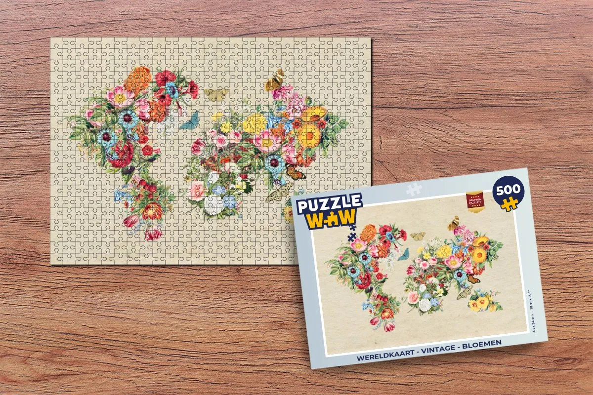 PuzzleWow Wereldkaart Vintage Bloemen Legpuzzel 500 Stuks - Multicolor