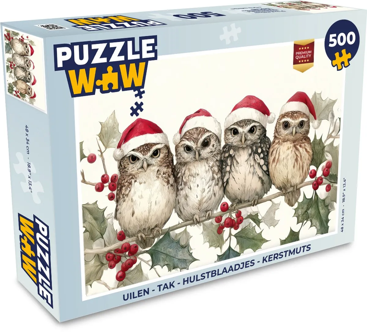 PuzzleWow Uilen Kerstpuzzel 1000 Stuks - Hulstblaadjes & Kerstmuts