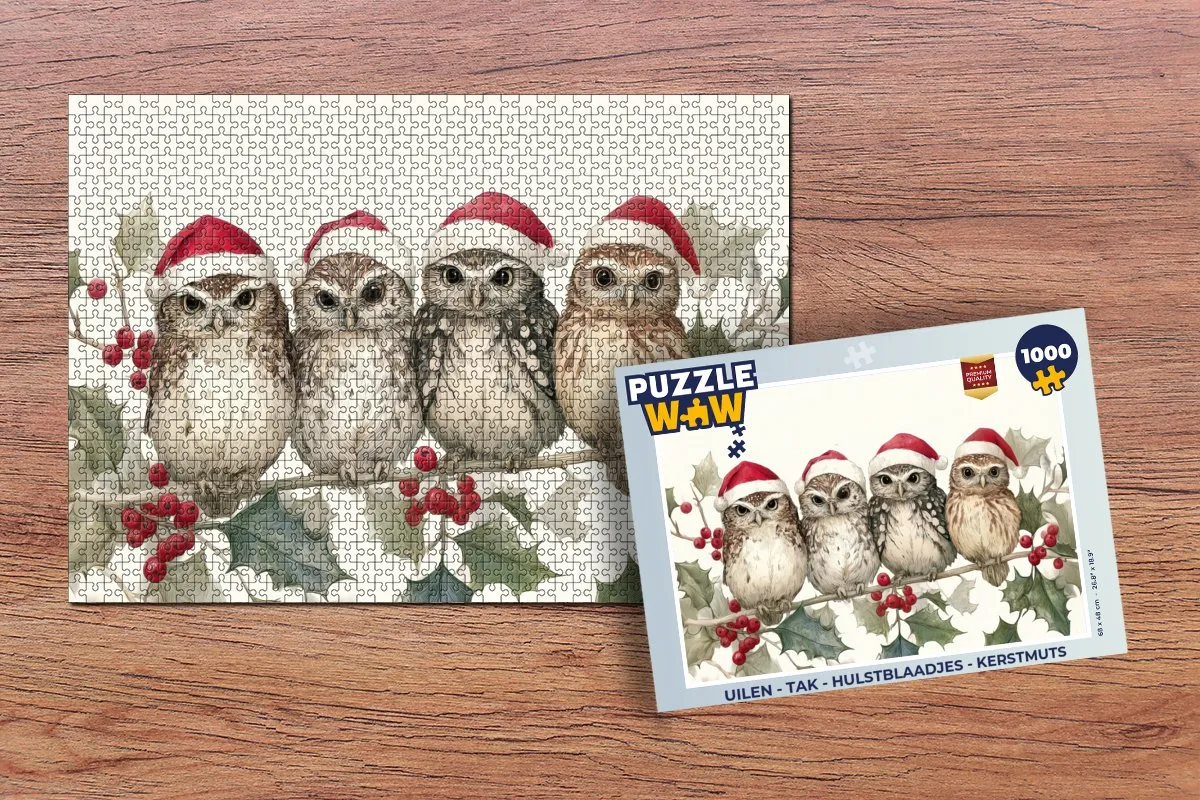 PuzzleWow Uilen Kerstpuzzel 1000 Stuks - Hulstblaadjes & Kerstmuts
