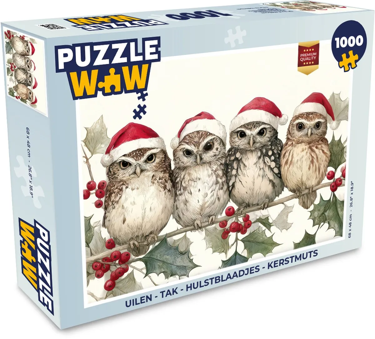 PuzzleWow Uilen Kerstpuzzel 1000 Stuks - Hulstblaadjes & Kerstmuts