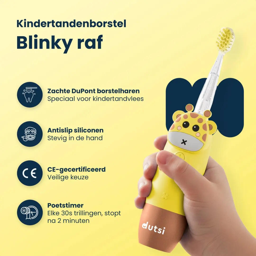 Dutsi Blinky Raf DBR01 Elektrische Kindertandenborstel - 3 Snelheden - 4 Opzetborstels - Geel