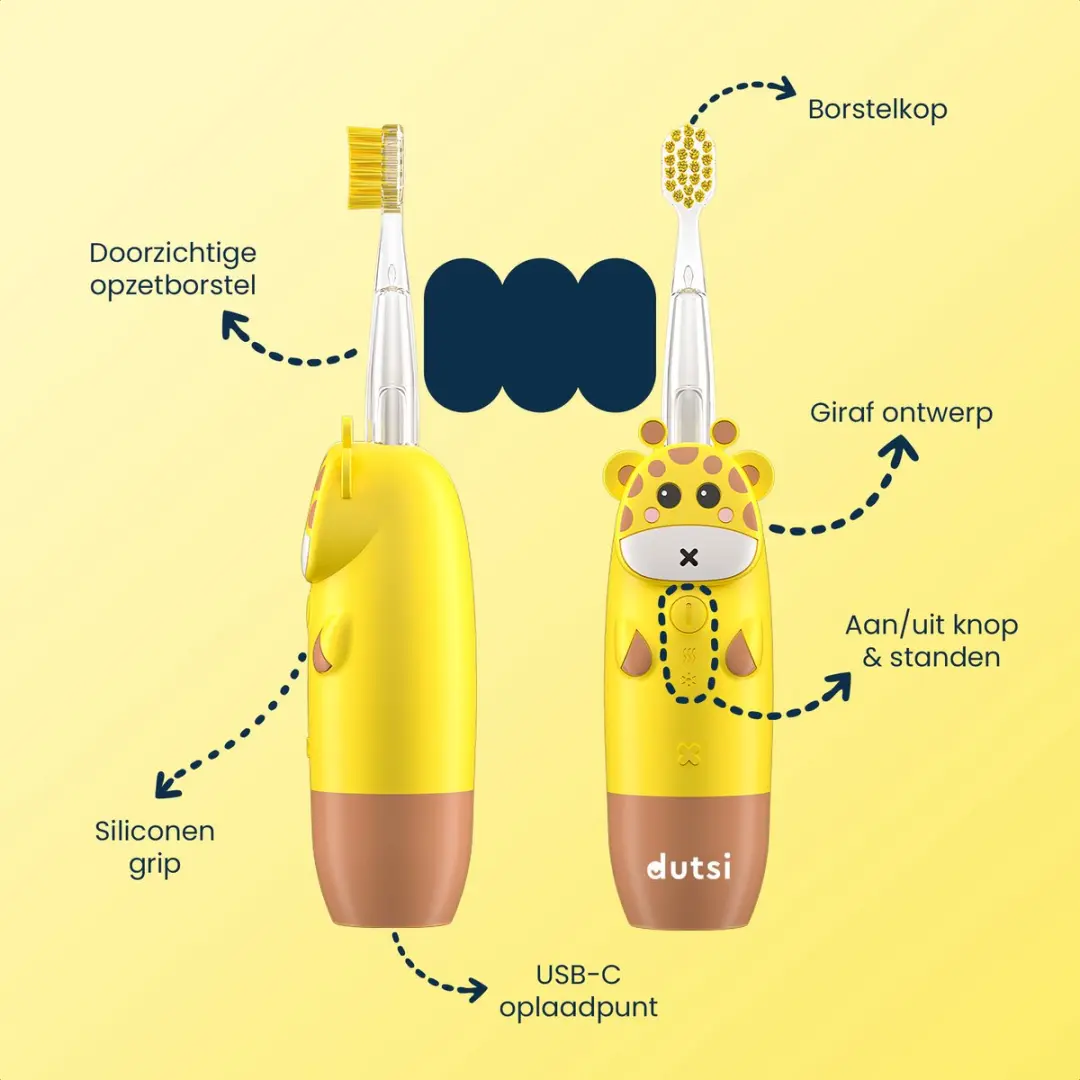 Dutsi Blinky Raf DBR01 Elektrische Kindertandenborstel - 3 Snelheden - 4 Opzetborstels - Geel