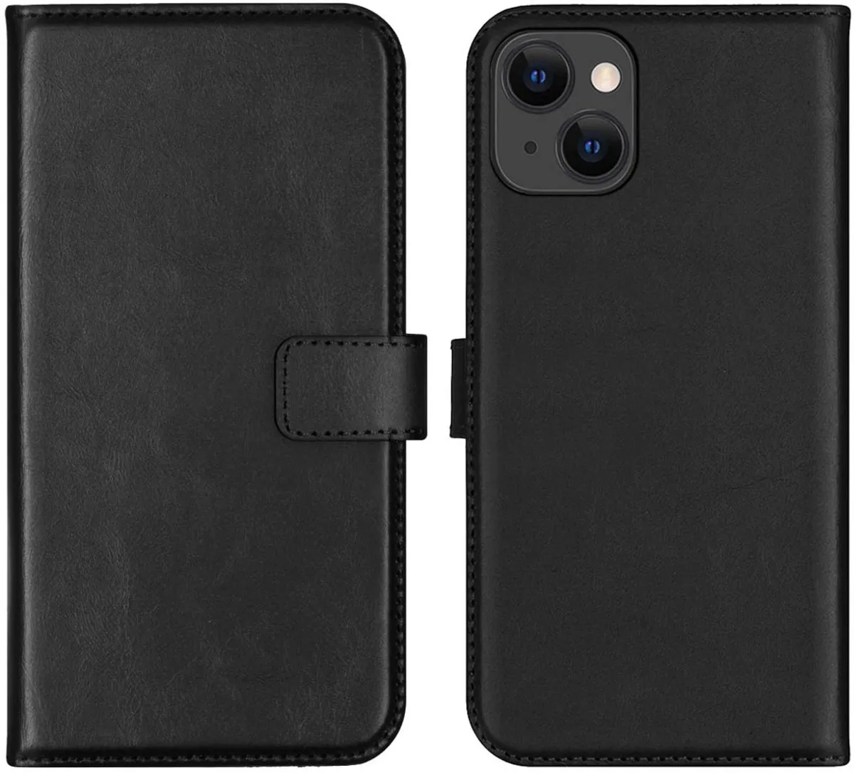 Selencia Hoesje iPhone 13 Echt Lederen Bookcase - 3 Pasjes - Zwart