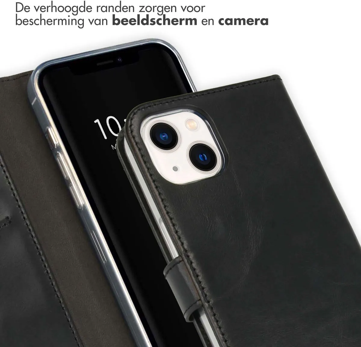 Selencia Hoesje iPhone 13 Echt Lederen Bookcase - 3 Pasjes - Zwart