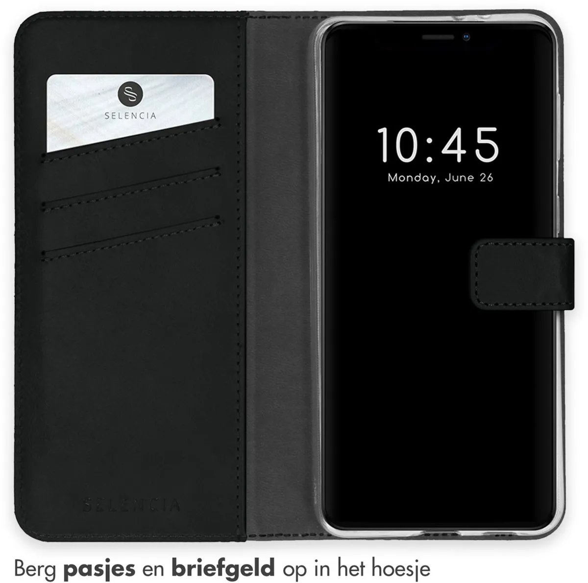 Selencia Hoesje iPhone 13 Echt Lederen Bookcase - 3 Pasjes - Zwart