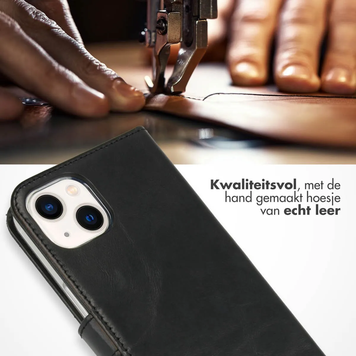 Selencia Hoesje iPhone 13 Echt Lederen Bookcase - 3 Pasjes - Zwart