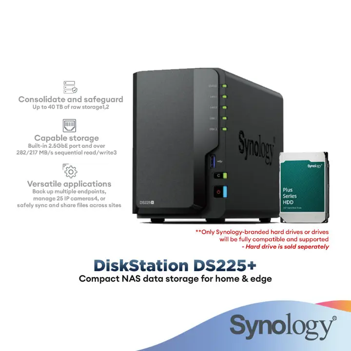 Synology DS225+ NAS met 2x 4TB Synology Plus HDD