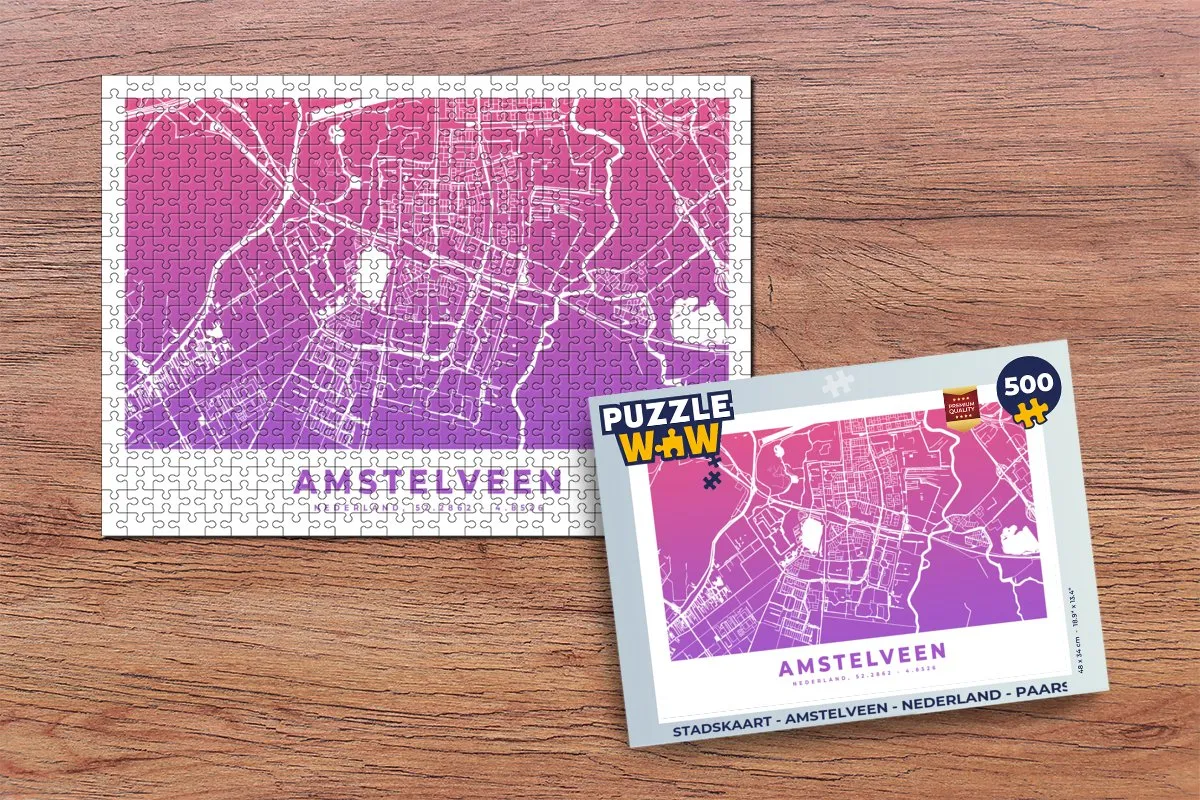 PuzzleWow Stadskaart Amstelveen Legpuzzel 500 Stuks - Paars